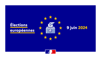 Élections européennes - 9 juin 2024 - Une main glisse un bulletin de vote dans une urne sur fond de drapeau européen